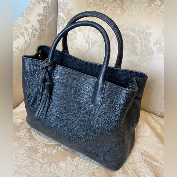 Tory Burch McGraw Satchel Black Pebbled Leather Triple Compartment Tassel Tote - Picture 2 of 11